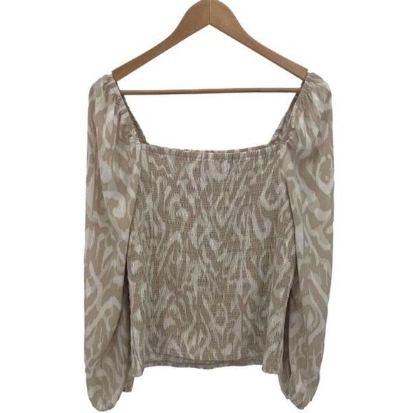 Halogen Womens‎ Square Neck Variegated Smocked Puff Sleeve Blouse Tan Medium NWT - Picture 3 of 7